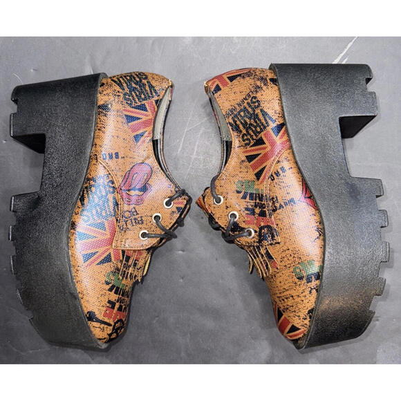 CS T&P Harajuku Platform‎ Shoes UK Punk Print Brown Chunky Lace Up Goth Size M - Picture 6 of 15